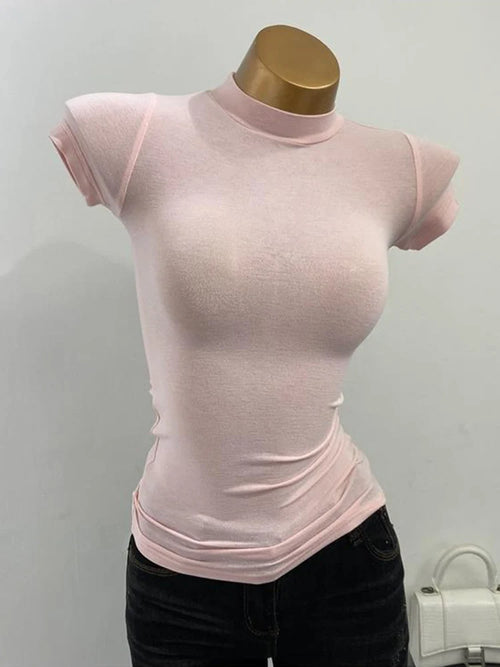 Half-high Collar T-shirt korean Transparent Short-sleeved Slim-fit
