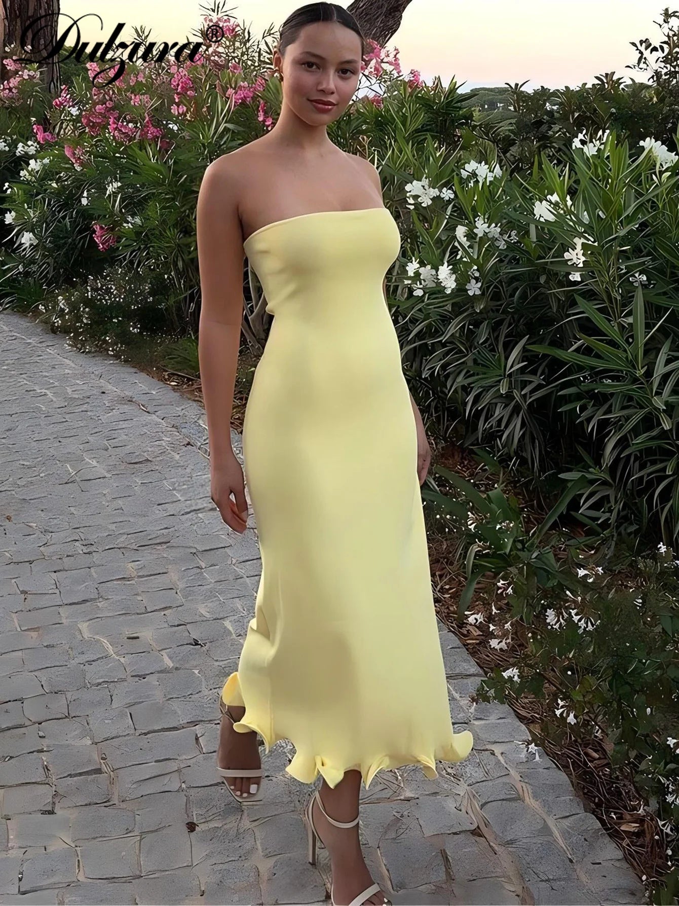 Dulzura Sleeveless Ruffles Patchwork Strapless Bodycon Midi Dress