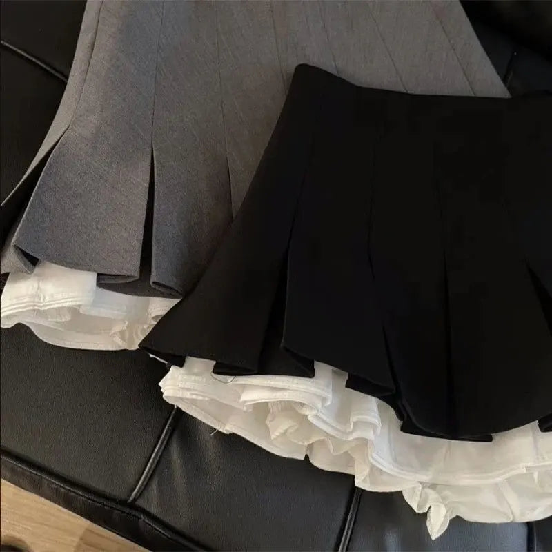 Mooyufon Ruffles Black Mini Skirt Women Korean Patchwork Pleated