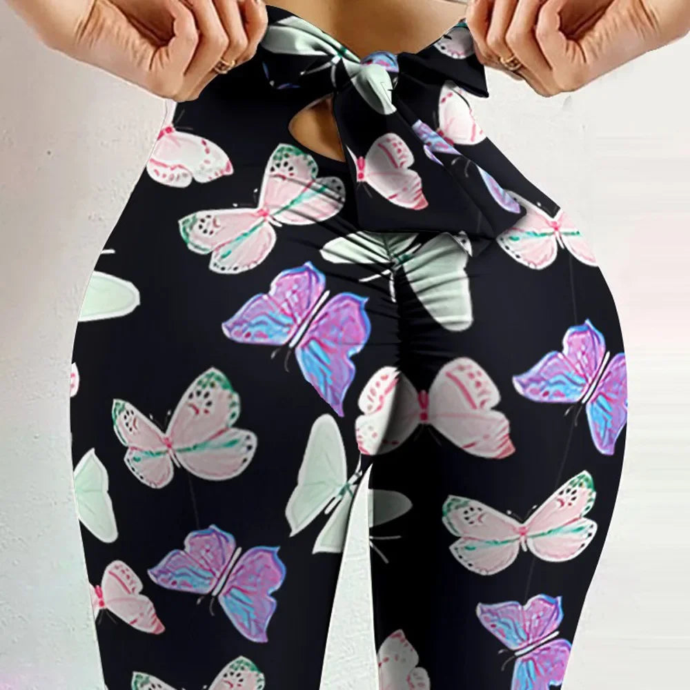 High Waist Sexy Butterfly Printed Leggings Bowknot Yoga Pants Bow