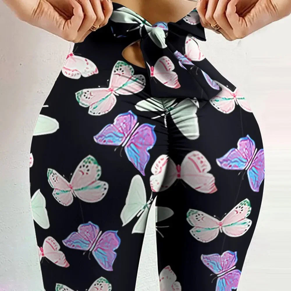 High Waist Sexy Butterfly Printed Leggings Bowknot Yoga Pants Bow