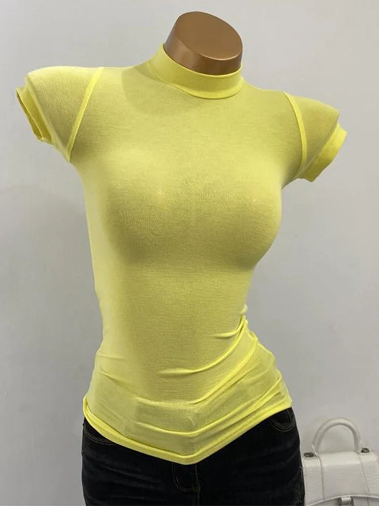 Half-high Collar T-shirt korean Transparent Short-sleeved Slim-fit