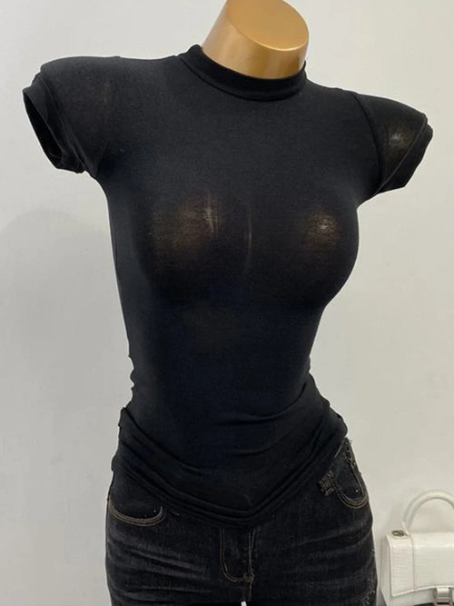 Half-high Collar T-shirt korean Transparent Short-sleeved Slim-fit