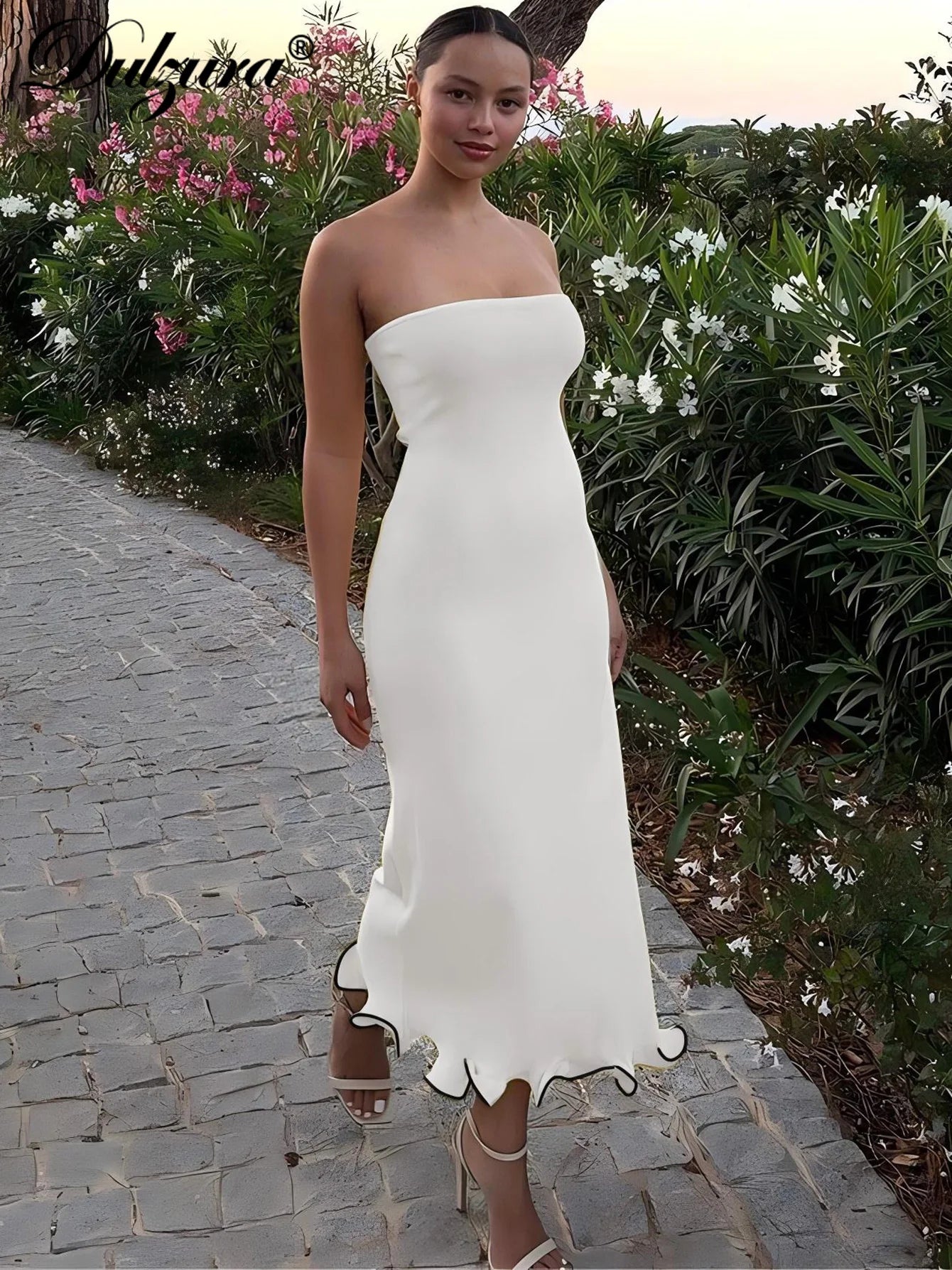 Dulzura Sleeveless Ruffles Patchwork Strapless Bodycon Midi Dress