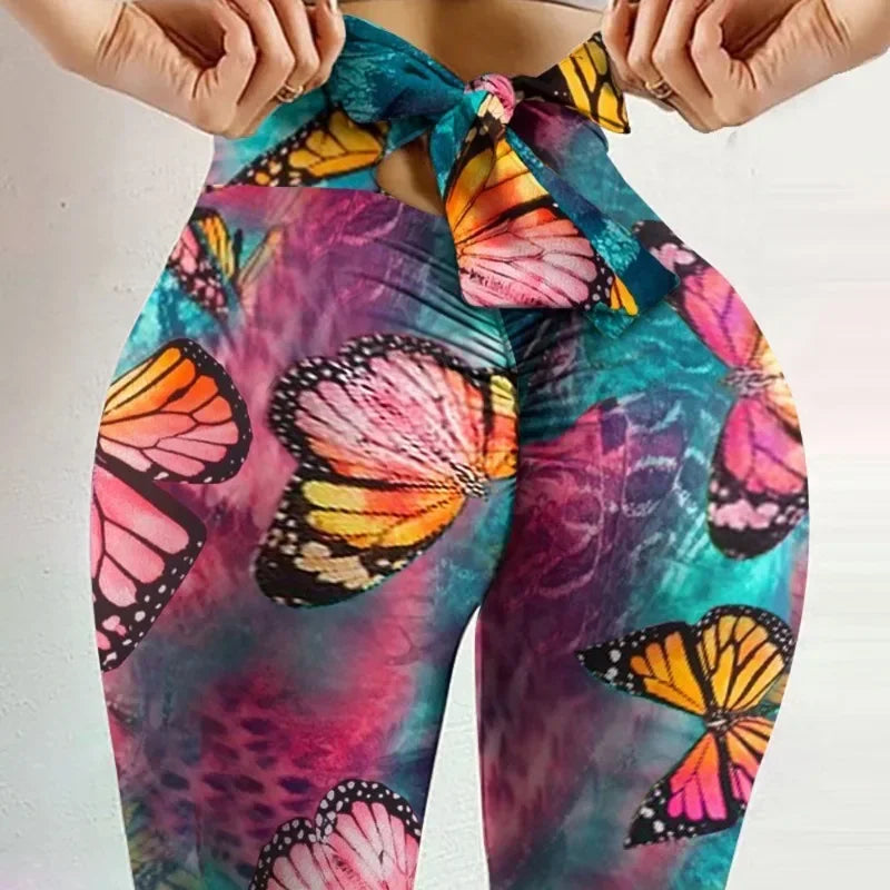 High Waist Sexy Butterfly Printed Leggings Bowknot Yoga Pants Bow